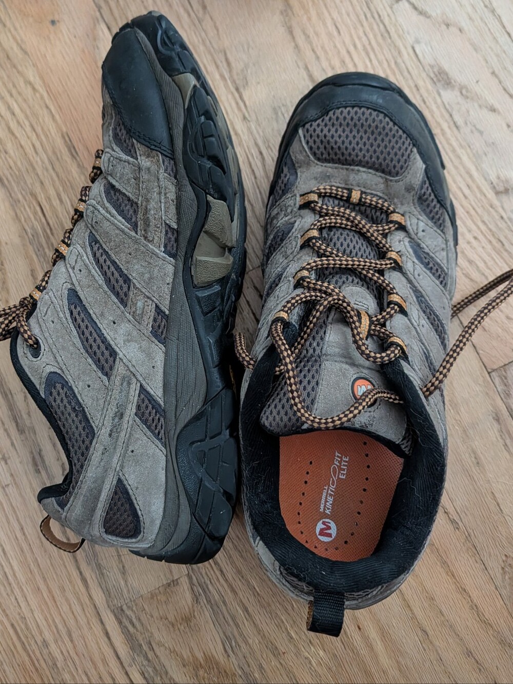 Merrell Men’s 11.5 Hiking Trail Shoes Gray Suede Mesh Vibram Kinetic Fit Elite